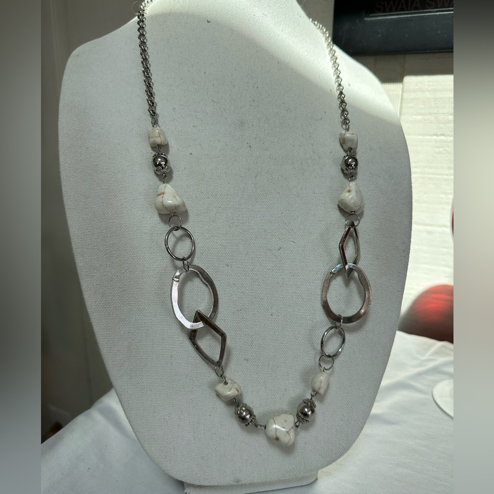 Long funky abstract silvertone and faux white turquoise necklace